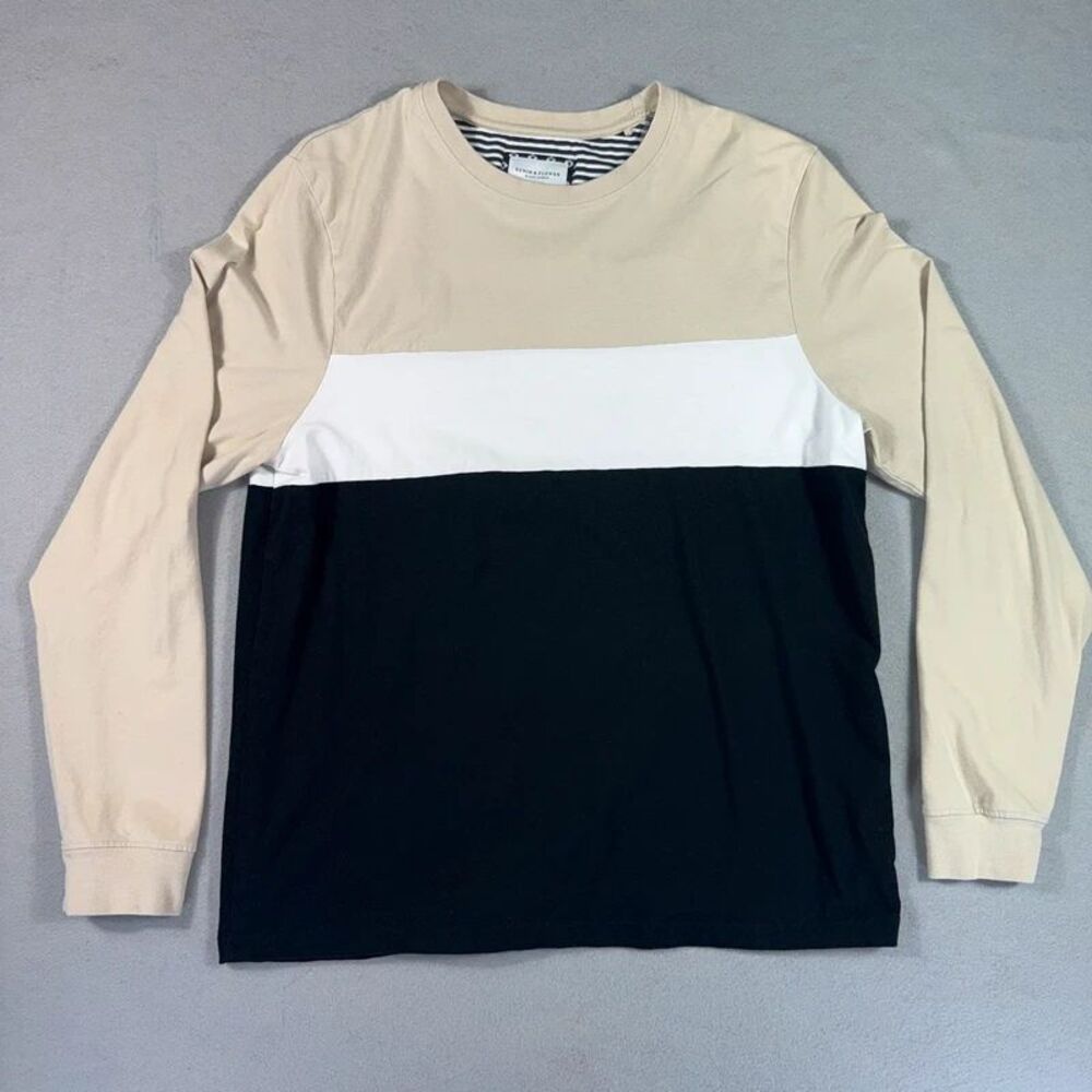 Denim & Flower XL Colorblock Long Sleeve Shirt Beige Black White Modern Preppy